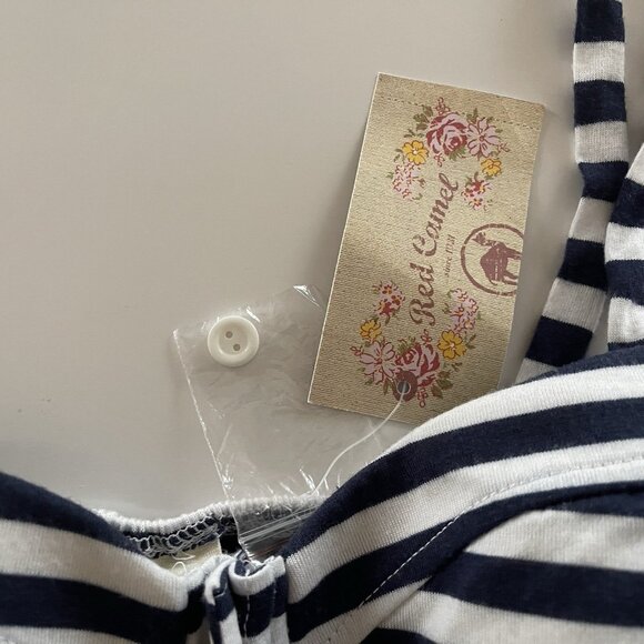 Red Camel Tank Top Large Spaghetti Straps Shirred Striped Navy White Baby Doll - Picture 5 of 12